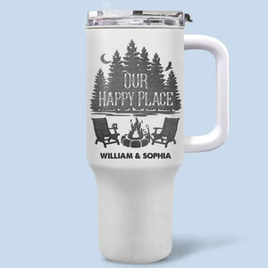 Our Happy Place Is Where We Camp Together - Camping Personalized Custom 40 Oz Stainless Steel Tumbler With Handle - Gift For Camping Lovers