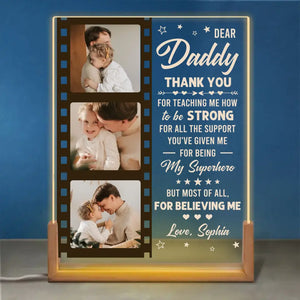 Custom Photo Thank You Daddy For Teaching Me How To Be Strong - Family Personalized Custom Shaped 3D LED Walnut Night Light -  Father's Day, Birthday Gift For Dad