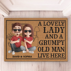 A Lovely Lady And A Grumpy Old Man Live Here - Couple Personalized Custom Home Decor Decorative Mat - House Warming Gift For Husband Wife, Anniversary