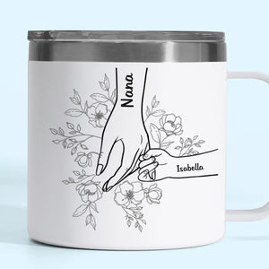 Forever Her Children, Forever In Her Hands - Family Personalized Custom 14oz Stainless Steel Tumbler With Handle - Mother's Day, Gift For Mom, Grandma