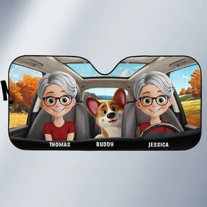 Family Rides And Puppy Vibes - Dog & Cat Personalized Custom Auto Windshield Sunshade, Car Window Protector - Gift For Couple, Anniversary, Pet Owners, Pet Lovers