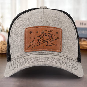 All In With Papa - Family Personalized Custom Leather Patch Hat - Father's Day, Gift For Dad, Grandpa