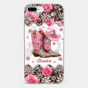3D Inflated Effect Printed Clear Phone Case - Personalized Cowgirl Gifts For Women, Girls - Bling Boots Babe