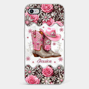 3D Inflated Effect Printed Clear Phone Case - Personalized Cowgirl Gifts For Women, Girls - Bling Boots Babe
