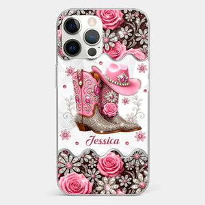 3D Inflated Effect Printed Clear Phone Case - Personalized Cowgirl Gifts For Women, Girls - Bling Boots Babe