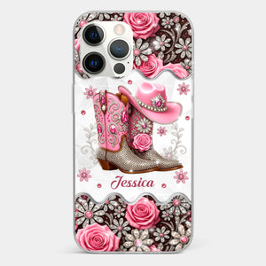 3D Inflated Effect Printed Clear Phone Case - Personalized Cowgirl Gifts For Women, Girls - Bling Boots Babe