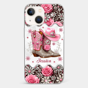 3D Inflated Effect Printed Clear Phone Case - Personalized Cowgirl Gifts For Women, Girls - Bling Boots Babe