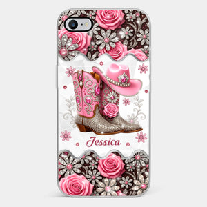 3D Inflated Effect Printed Clear Phone Case - Personalized Cowgirl Gifts For Women, Girls - Bling Boots Babe