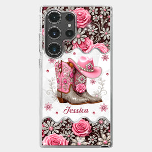 3D Inflated Effect Printed Clear Phone Case - Personalized Cowgirl Gifts For Women, Girls - Bling Boots Babe