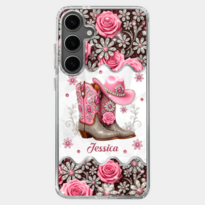 3D Inflated Effect Printed Clear Phone Case - Personalized Cowgirl Gifts For Women, Girls - Bling Boots Babe