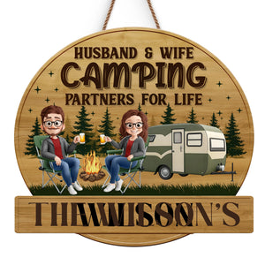Custom Shaped Home Decor Wood Sign - Personalized Camping Gifts For Husband And Wife, Him And Her - Camping Partners For Life