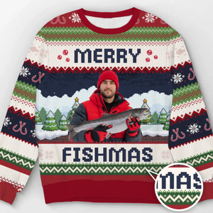 Custom Photo Unisex Ugly Sweatshirt - Personalized Christmas Birthday Fishing Gifts For Fisherman - This Fishmas, I’m The Real Catch