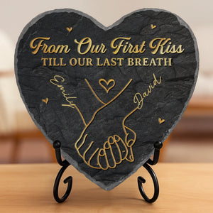 Custom Heart Shaped Stone With Stand - Personalized Anniversary Wedding Gifts For Husband And Wife, Him And Her - Hand In Hand Forever