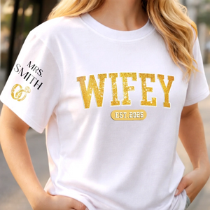 Custom Unisex T-Shirt With Design On Sleeve - Personalized Anniversary Wedding Gifts For Husband And Wife, Him And Her - Officially In My Wife Era