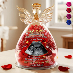 Custom Photo Angel Glass Dome With Preserved Flowers - Personalized Baby Shower, Gender Reveal Gifts For New Moms, Wife, Daughter - First Cuddles Coming Soon