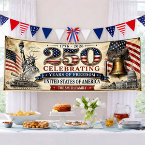 Custom Polyester Outdoor Banner - Personalized America 250th Anniversary Gifts For Mom, Dad, Brother, Sister, Kids - United Through Every Generation
