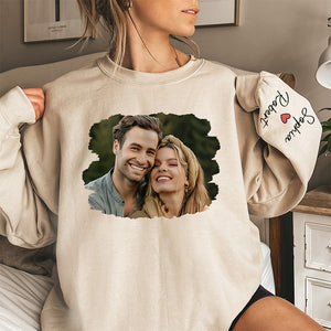 Photo personnalisée : Te rencontrer est la meilleure chose qui me soit arrivée - Sweat-shirt unisexe personnalisé avec motif sur la manche - Cadeau pour mari et femme, anniversaire