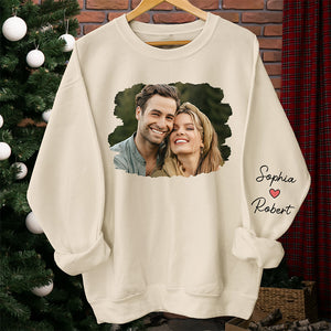 Photo personnalisée : Te rencontrer est la meilleure chose qui me soit arrivée - Sweat-shirt unisexe personnalisé avec motif sur la manche - Cadeau pour mari et femme, anniversaire