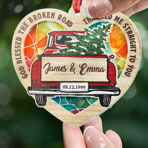 Que Dieu bénisse la route brisée ! Ornement attrape-soleil personnalisé pour couple – En acrylique en forme de cœur – Cadeau de Noël pour mari et femme, anniversaire
