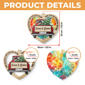 Que Dieu bénisse la route brisée ! Ornement attrape-soleil personnalisé pour couple – En acrylique en forme de cœur – Cadeau de Noël pour mari et femme, anniversaire