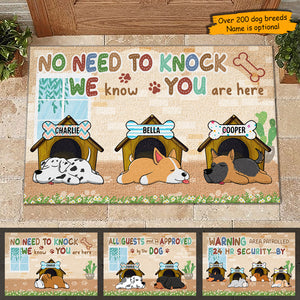 No Need To Knock We Know You're Here, Funny Sleeping Dogs - Funny Personalized Decorative Mat.