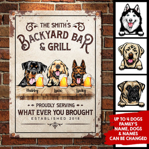 Backyard Bar & Grill - Funny Personalized Dog Metal Sign.