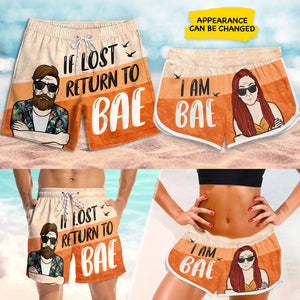 If Lost, Return To Bae - Personalized Couple Beach Shorts - Gift For Couples, Husband Wife