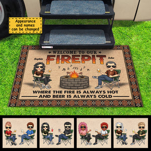 Welcome To Our Firepit Where The Fire Is Always Hot And Beer Is Always Cold - Gift For Camping Couples, Personalized Decorative Mat.