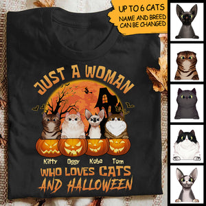Just A Woman Who Loves Cats and Halloween - Personalized Unisex T-Shirt.