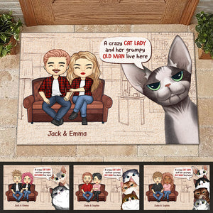 A Crazy Cat Lady And Her Grumpy Old Man Live Here - Gift For Cat Lovers, Personalized Decorative Mat.