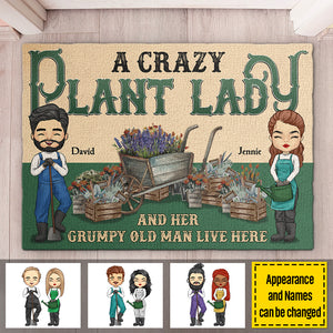 A Crazy Plant Lady And Her Grumpy Old Man Live Here - Gift For Couples, Husband Wife, Personalized Decorative Mat.
