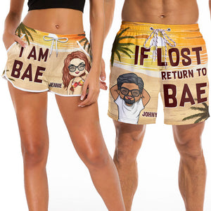 Custom Tropical Hawaiian Aloha Couple Beach Shorts - Personalized Summer Vacation And Travel Gifts For Husband And Wife, Him And Her - If Lost Return To Bae