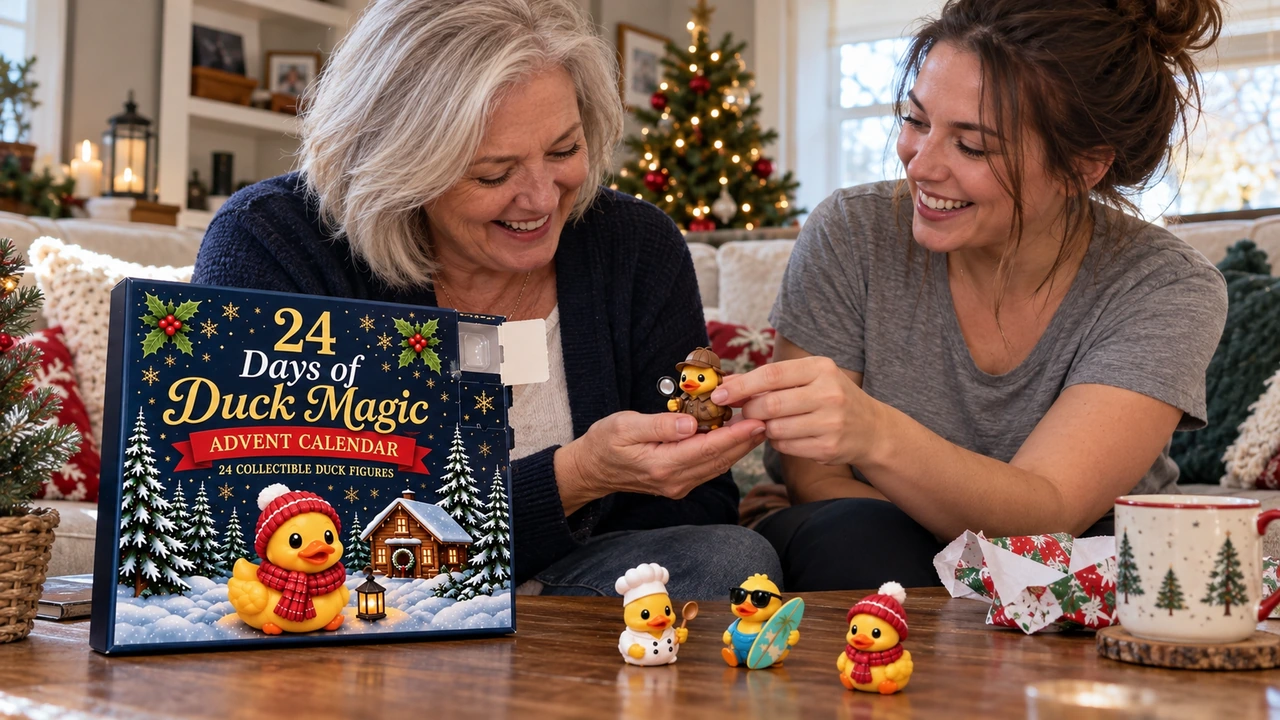 Two women enjoying duck figures beside the calendar