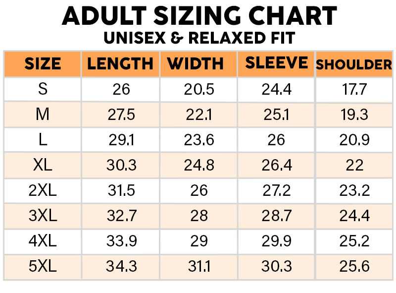 Adult sweatshirt size chart in inches, sizes S to 5XL