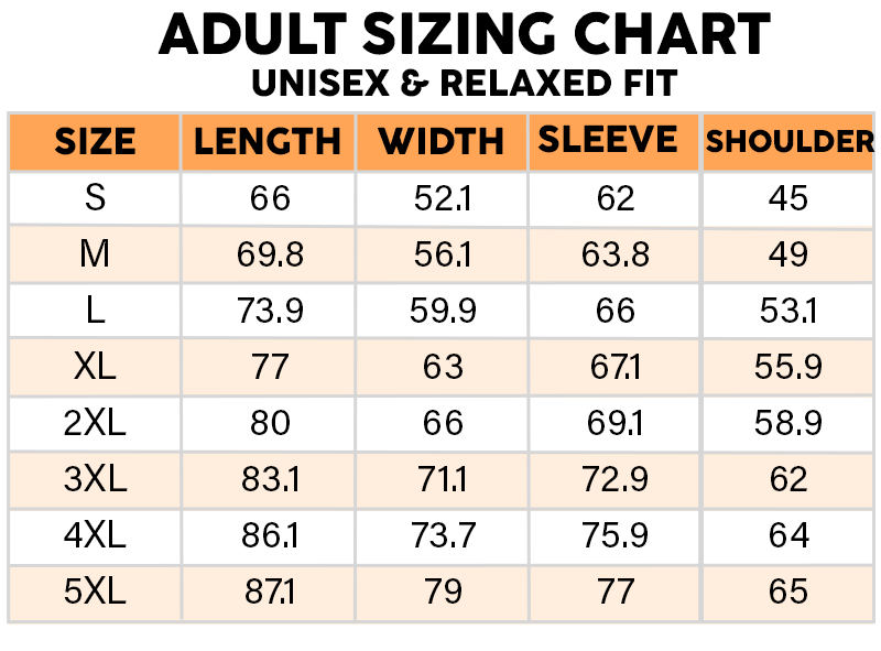 Adult sweatshirt size chart in centimeters, sizes S to 5XL