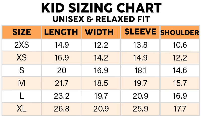 Kids sweatshirt size chart in inches, sizes 2XS to XL