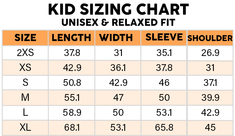 Kids sweatshirt size chart in centimeters, sizes 2XS to XL