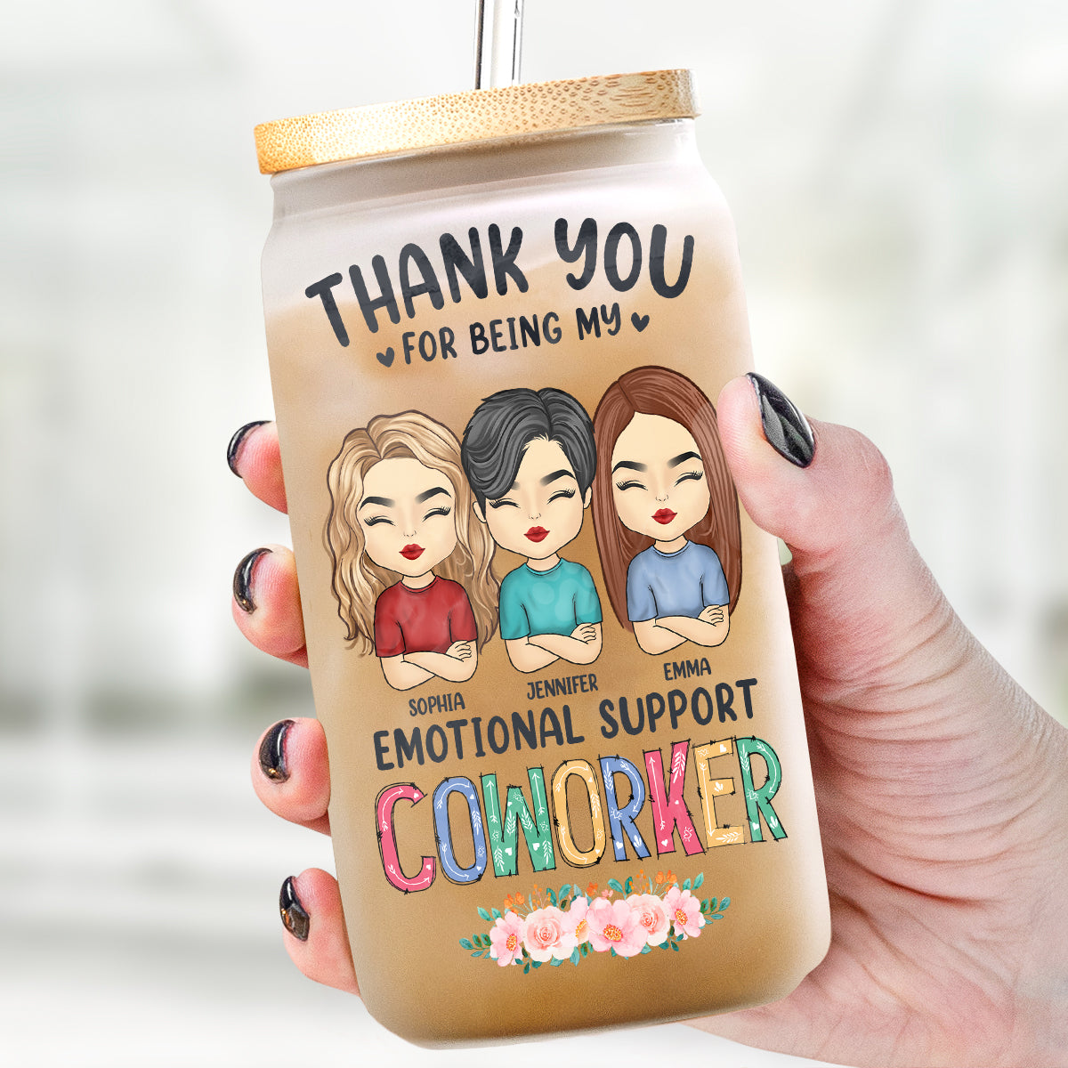 Personalized Iced Coffee Cup Glass Can Soda Cup with Lid and Straw Gifts  for Women, Friends, Bridesmaids - BMPB033