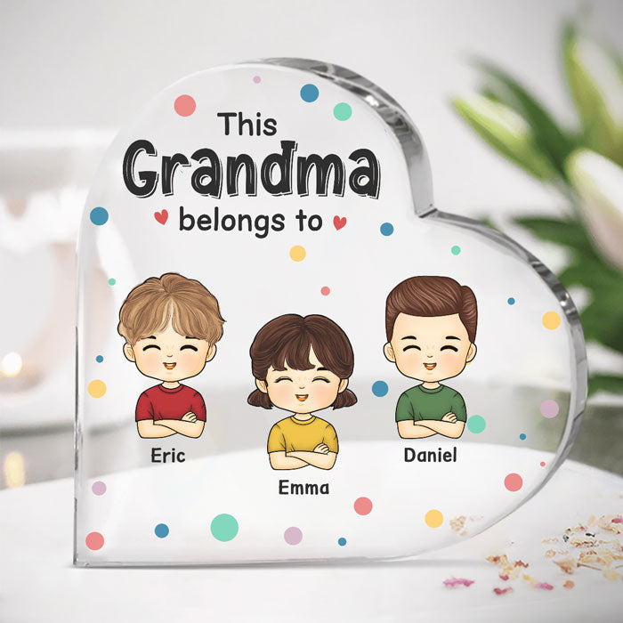 This Grandma Belongs To - Family Personalized Custom Heart Shaped Acrylic Plaque - Mother's Day, Birthday Gift For Grandma