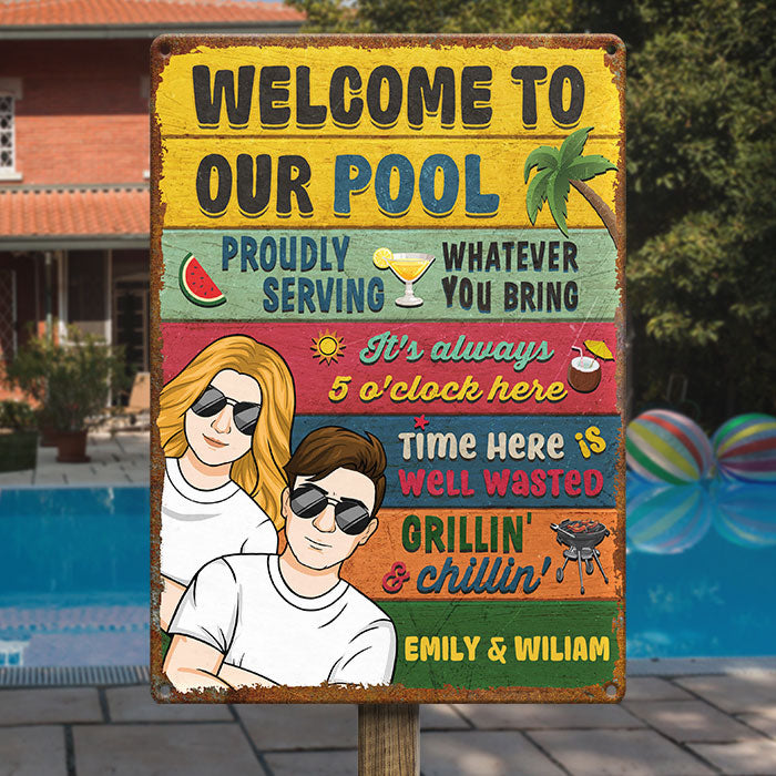 Home Is Where The Pool Is - Couple Personalized Custom Home Decor Metal Sign - House Warming Gift For Husband Wife, Anniversary