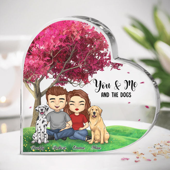 You, Me And The Fur Babies - Couple Personalized Custom Heart Shaped Acrylic Plaque - Gift For Couples, Pet Owners, Pet Lovers