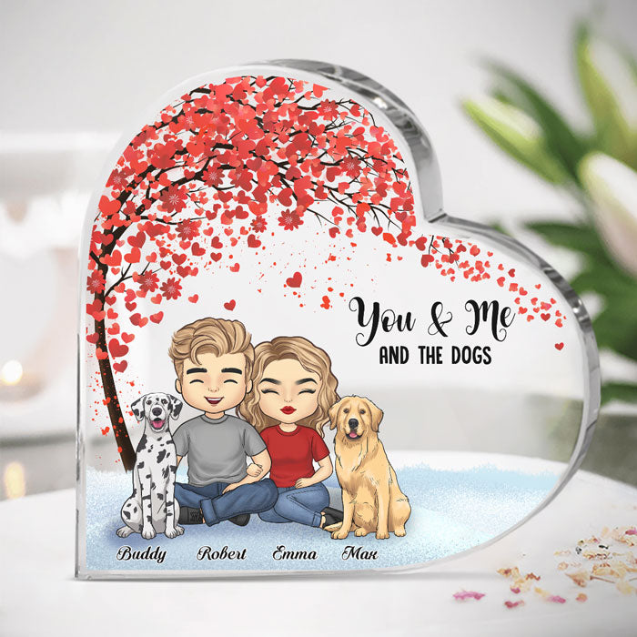You, Me And The Fur Babies - Couple Personalized Custom Heart Shaped Acrylic Plaque - Gift For Couples, Pet Owners, Pet Lovers