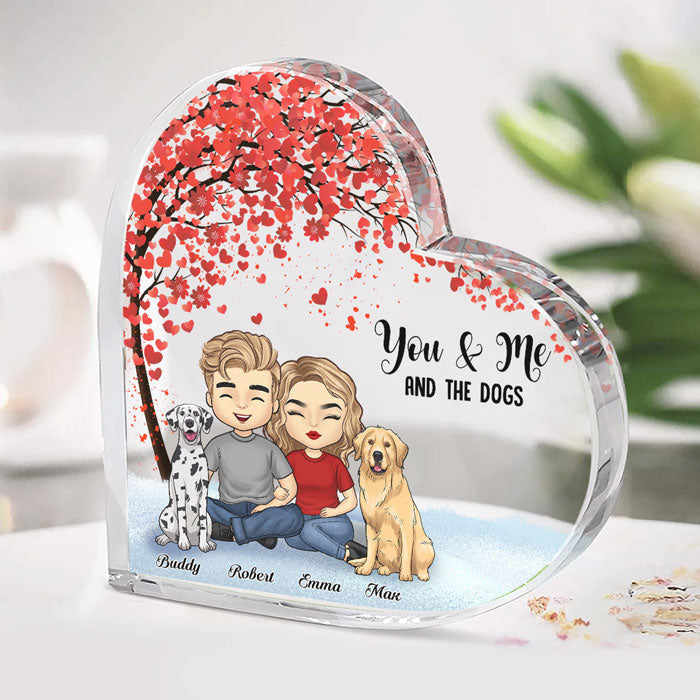 You, Me And The Fur Babies - Couple Personalized Custom Heart Shaped Acrylic Plaque - Gift For Couples, Pet Owners, Pet Lovers