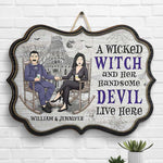 Wicked Witch And Handsome Devil Live Here - Personalized Witch Shaped Wood Sign - Gift For Couple, Husband Wife, Halloween Gift