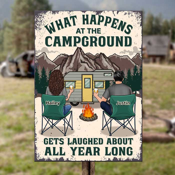 What Happens At The Campground, Gets Laughed About All Year Long - Gift For Camping Couples, Personalized Metal Sign