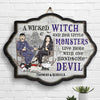 Wicked Witch Little Monsters Handsome Devil Live Here - Personalized Witch Shaped Wood Sign - Gift For Couple, Husband Wife, Gift For Pet Lovers, Halloween Gift