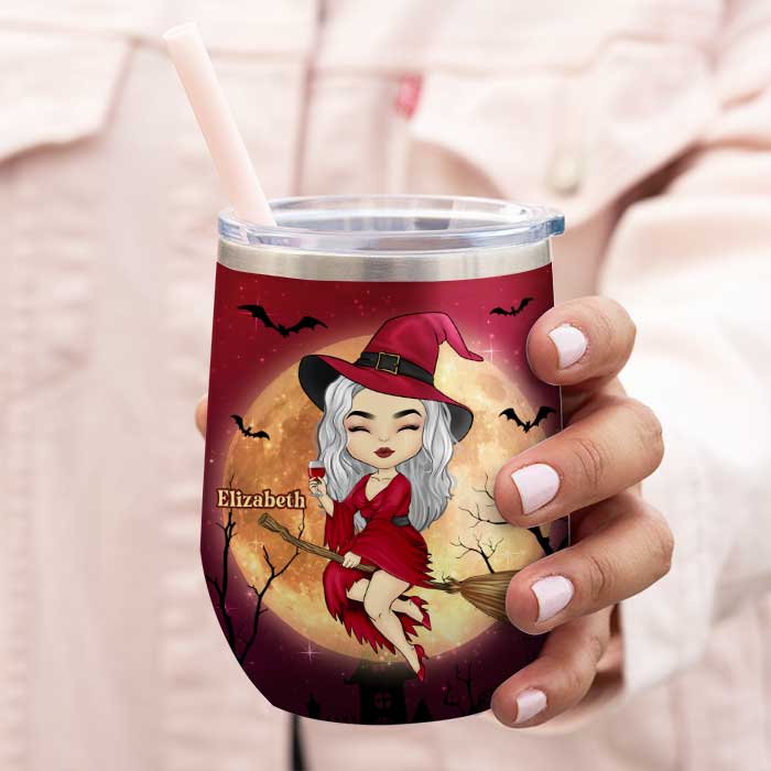 My Broom Broke So Now I Drink Wine - Personalized Witch Wine Tumbler - Gift For Witches, Gift For Yourself, Halloween Gift