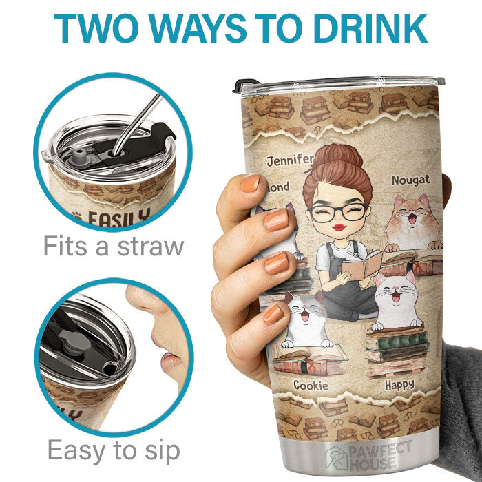 Easily Distracted By Books & Cats - Personalized Tumbler - Gift For Cat Lovers, Cat Owners, Cat Gift, Gift For Pet Lovers