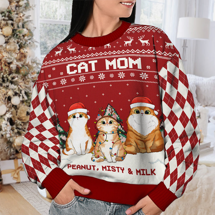 Cat Dad & Cat Mom - Personalized Custom Unisex Ugly Christmas Sweatshirt, Wool Sweatshirt, All-Over-Print Sweatshirt - Gift For Cat Lovers, Pet Lovers, Christmas Gift