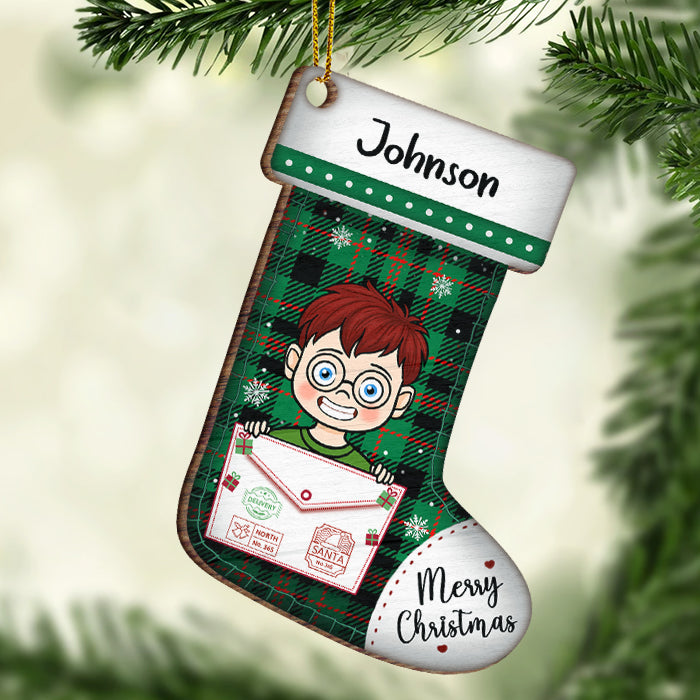 Happy Christmas With Kids - Personalized Custom Stocking Shaped Wood Christmas Ornament